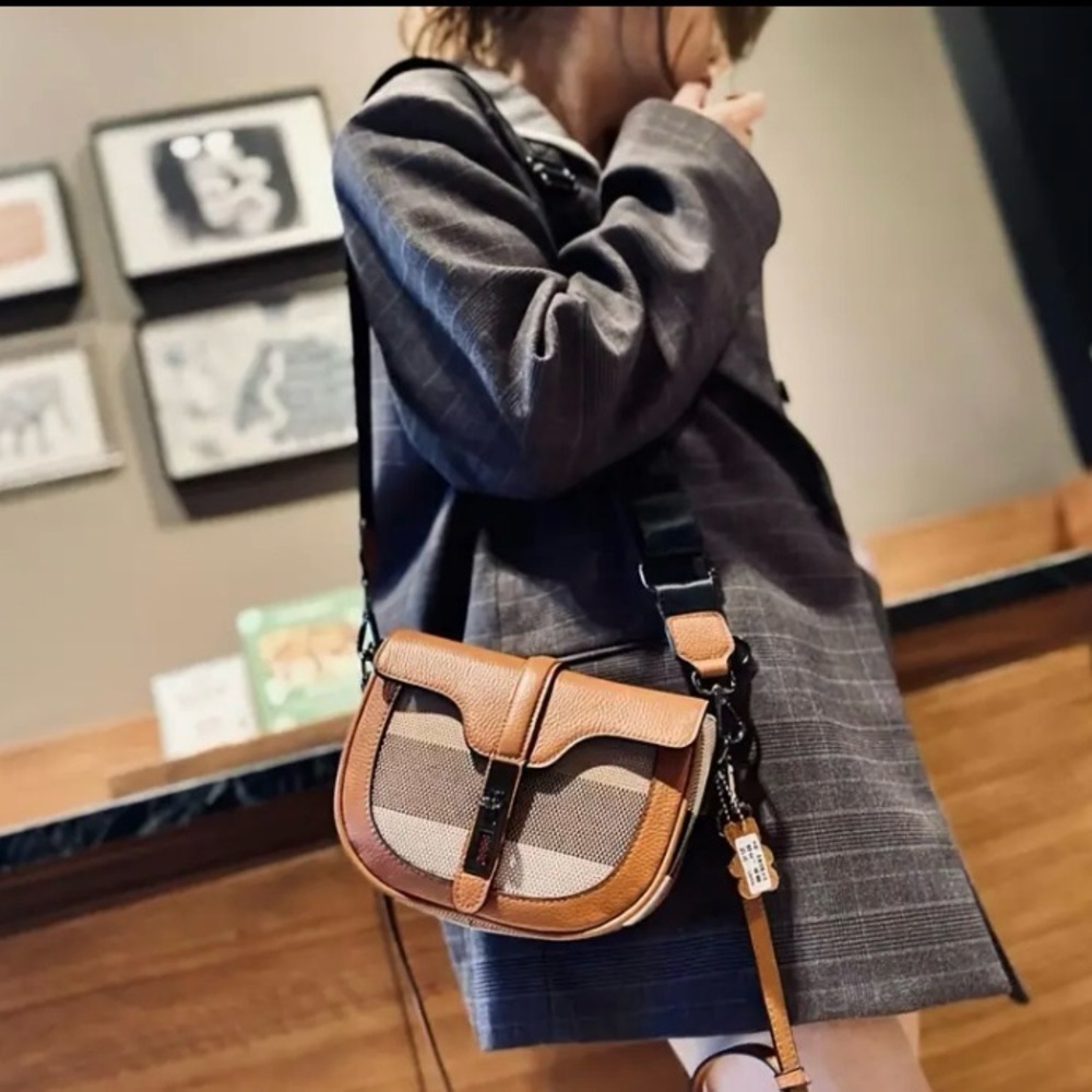 Genuine Leather and Woven Checked Mini Crossbody - Picture 8 of 15